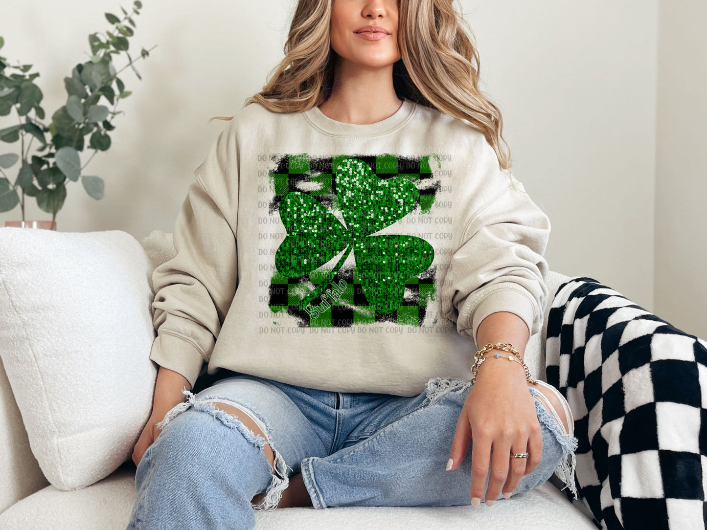 Checkered Buffalo Shamrock Faux Glitter