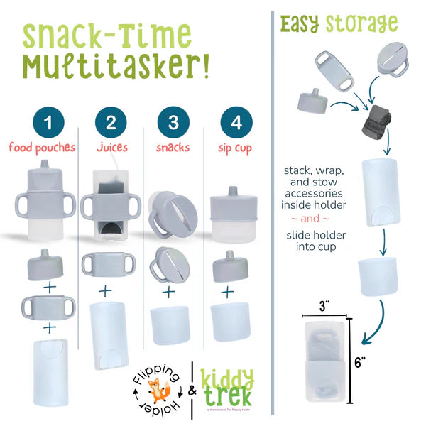 KiddyTrek 4-in-1 Sip & Snack Set - Food Pouch & Juice Box Holder, Snack Cup, Sip Cup ALL IN ONE